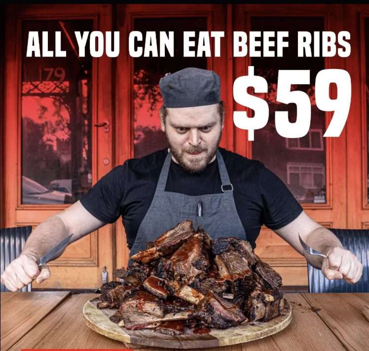 Poster for all-you-can-eat beef ribs at $59 with a chef and platter